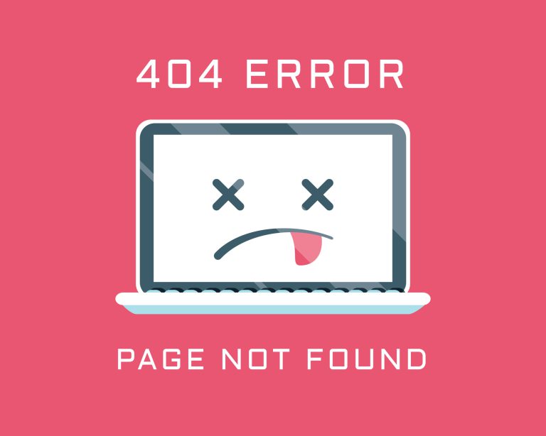 An illustrated laptop with a 404 error page not found message.
