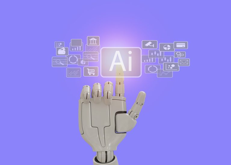 A robotic hand touching an AI icon. The icon appears to be a holographic interface.