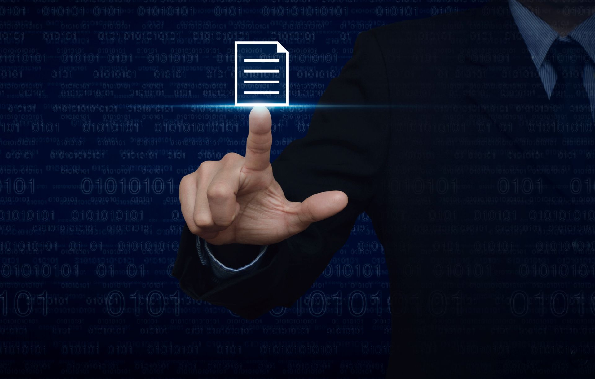 A businessman using his finger to press a floating document icon.